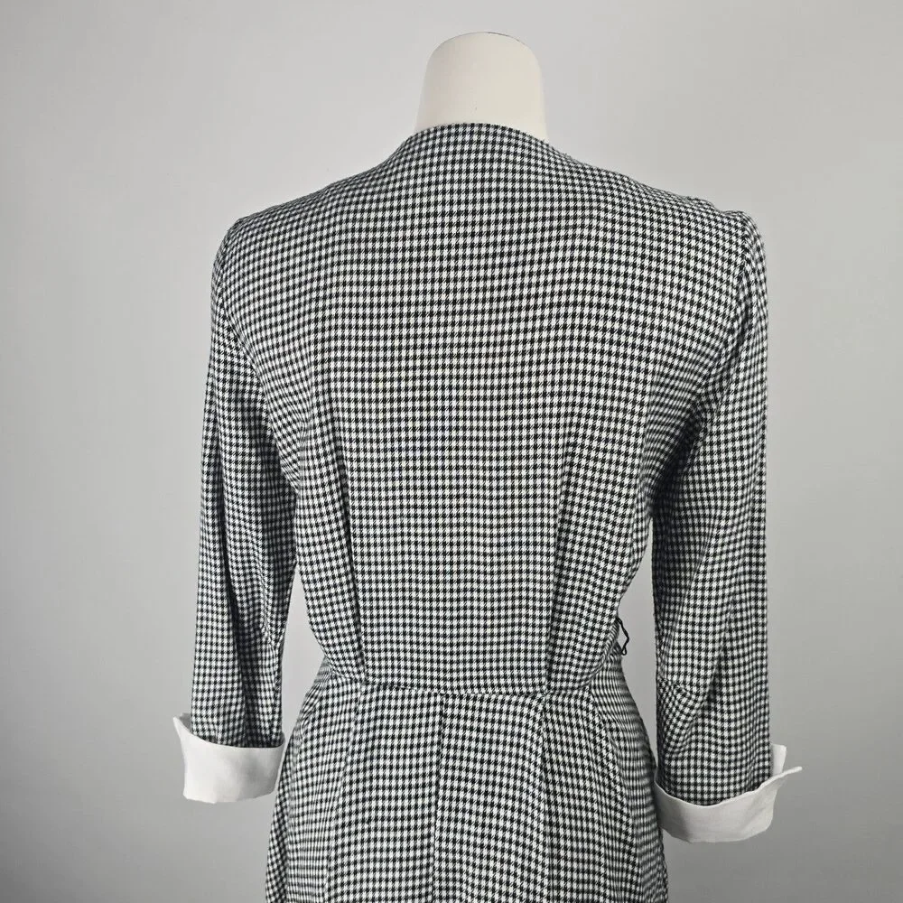 Vintage Algo Ettes Black Hounds Tooth Long Sleeve Button Up Midi Dress Size S/M - Picture 9 of 12